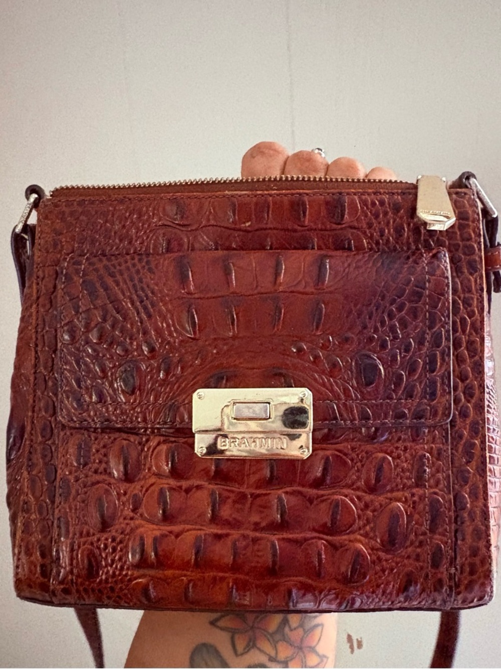 Brahmin Chestnut Croc-Embossed Leather Crossbody with Gold Hardware